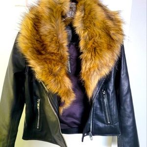 Blank NYC Night Fever Faux Leather Black Moto Jacket with Fur Trim